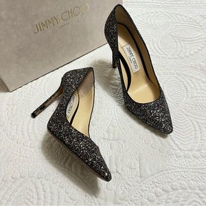 JIMMY CHOO Romy 100 Twilight Glitter Heel Black Navy Silver Pointy Toe Size 36.5
